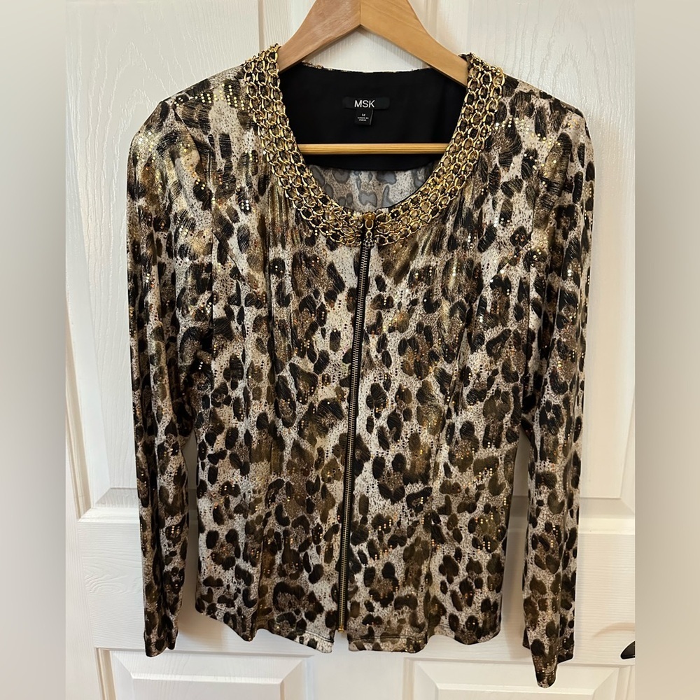 MSK Animal Print Blazer with Gold Chain Detail